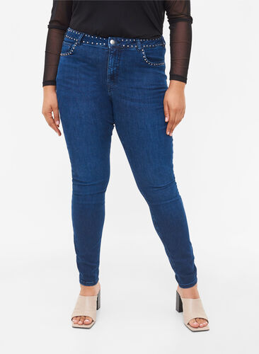 Super slanke Amy jeans met klinknagels, Dark blue, Model image number 3