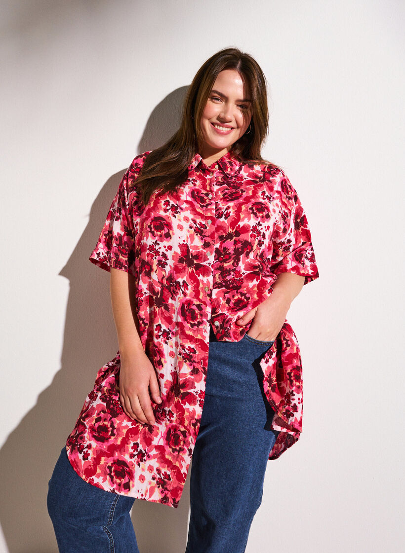 Lang shirt met all-over print, Pink AOP Flower, Image image number 0