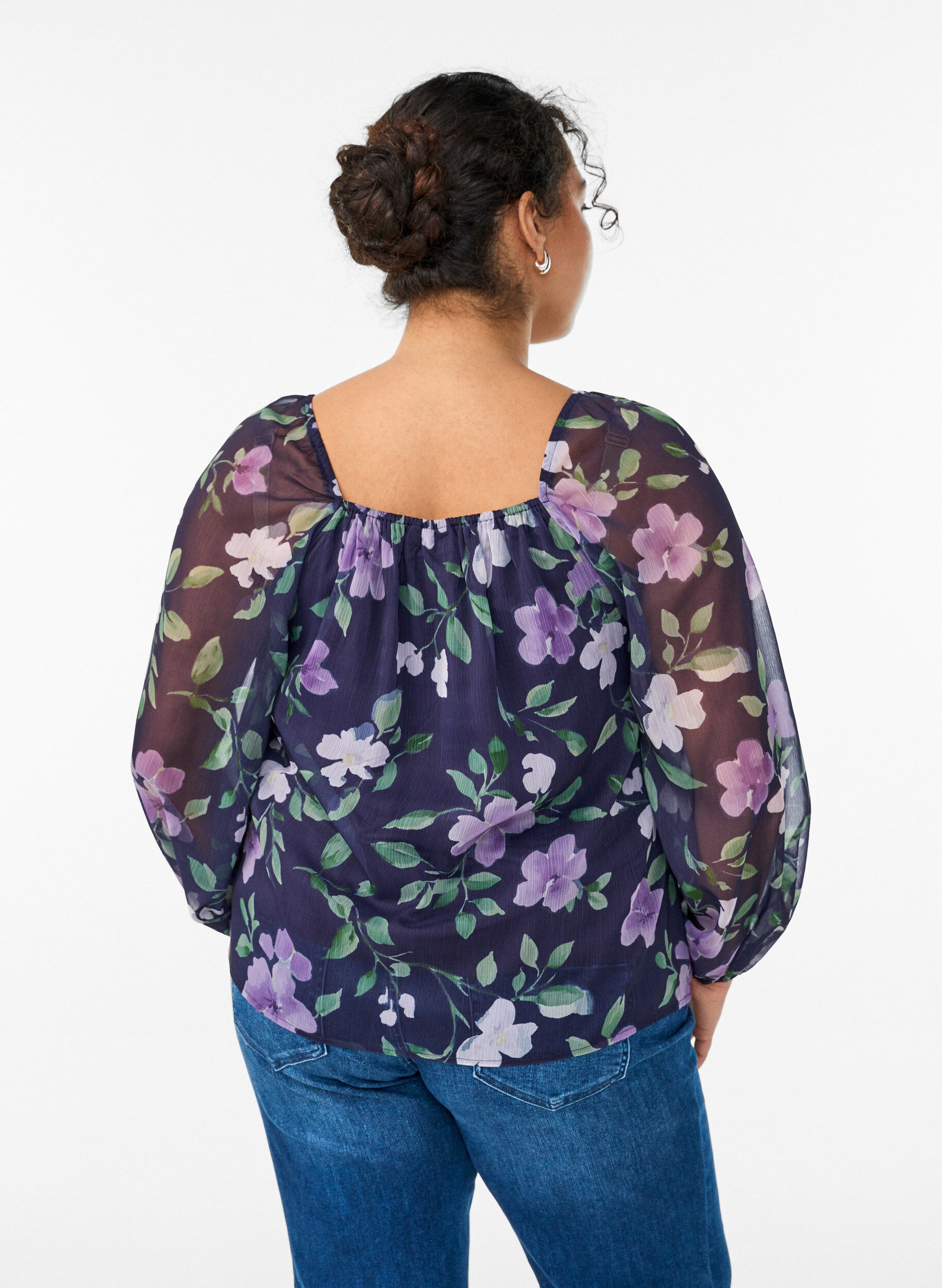 Zizzi Chiffon blouse met bloemenprint en lange mouwen, Blauw, Model image number 2
