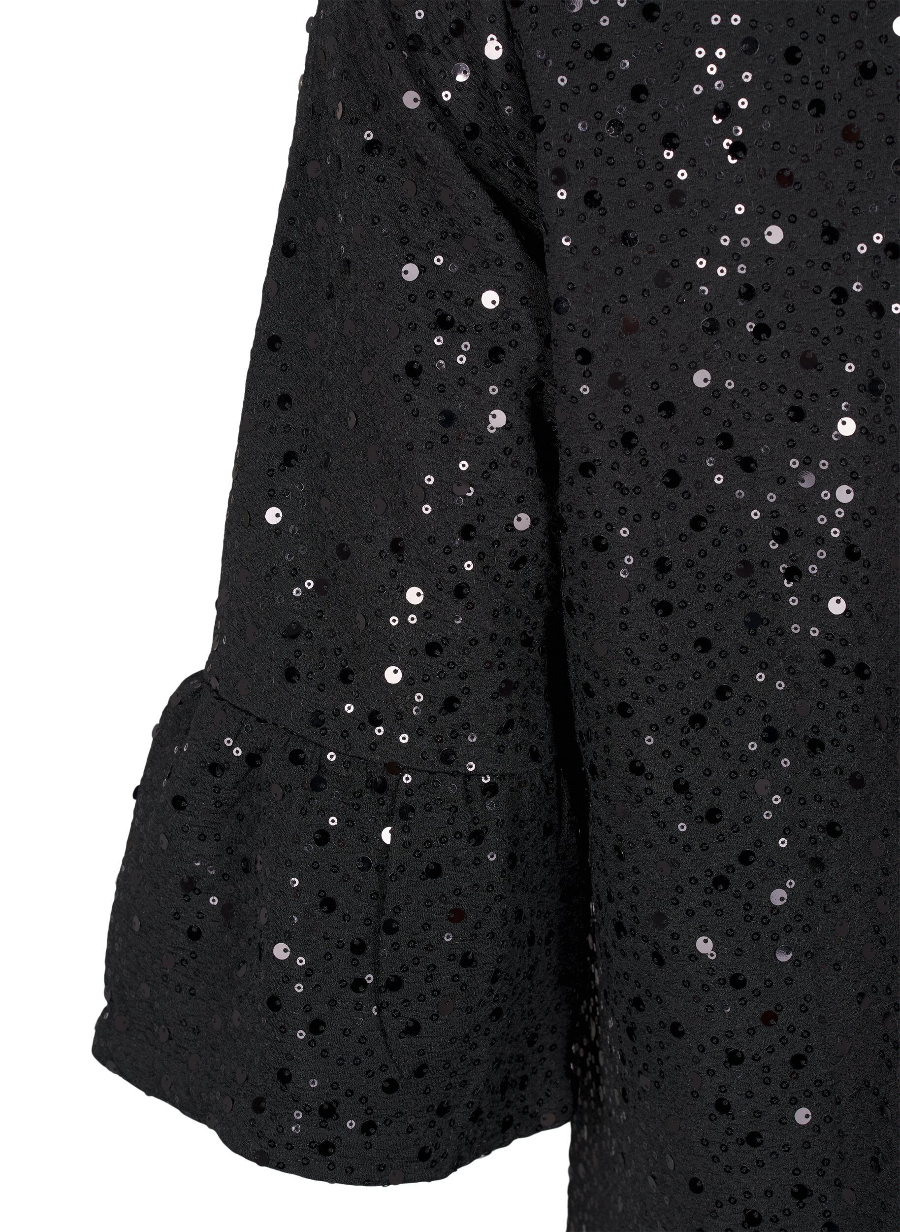 Zizzi Paillettenjurk met V-hals en 3/4 mouwen, Black w. Bl. Sequins, Packshot image number 3