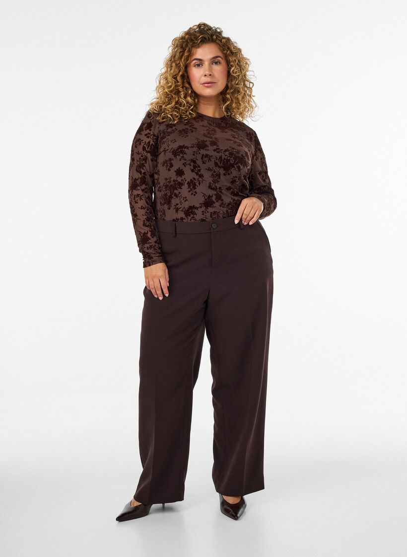 Op maat gemaakte broek met wijde pijpen en hoge taille, Bruin, Model image number 0