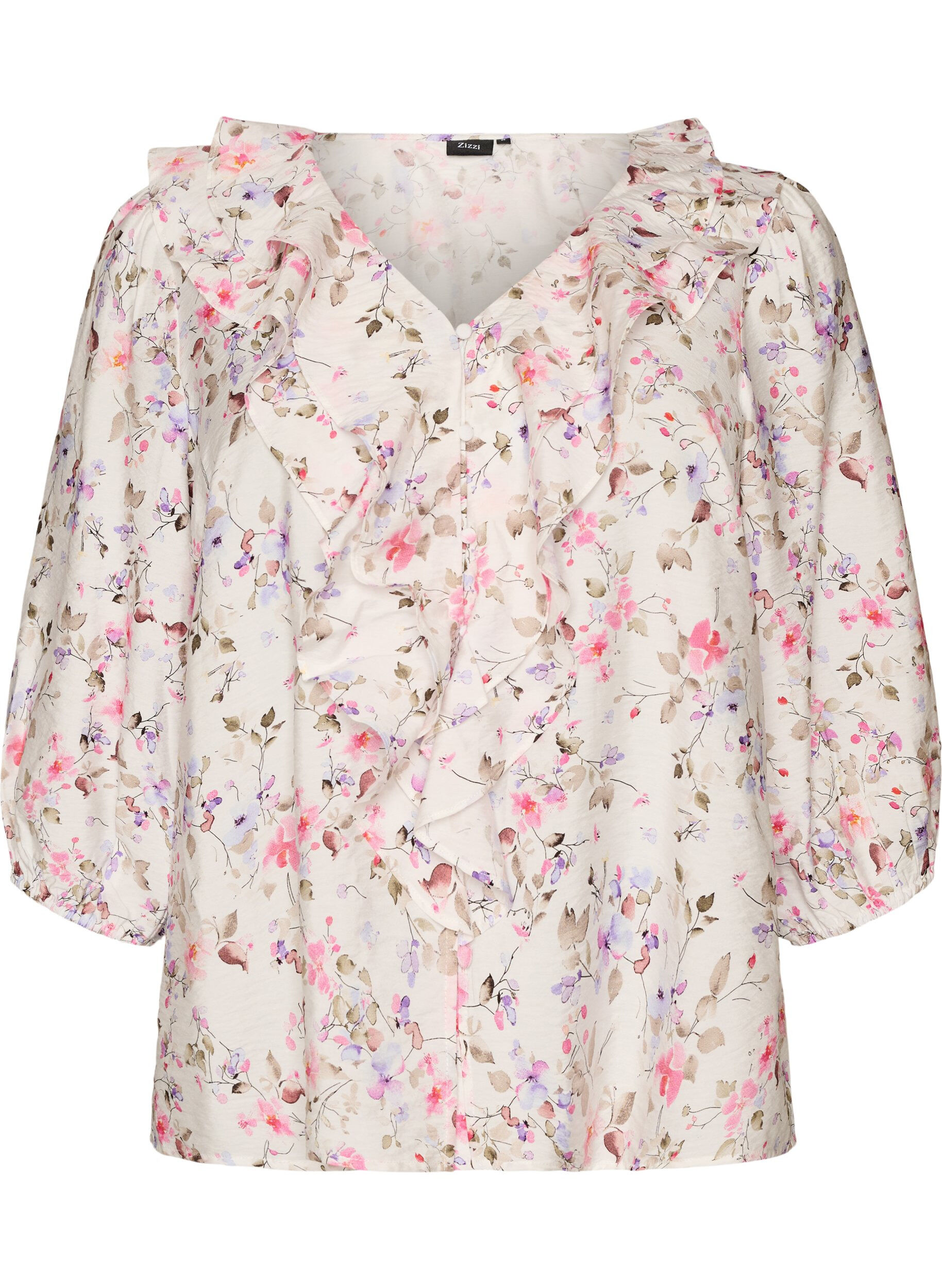 ZizziViscose blouse met bloemenprint en 3/4 mouwen, Vanille, Packshot image number 0