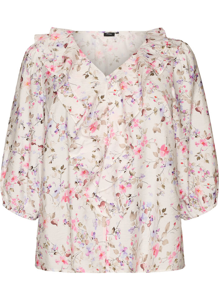 Viscose blouse met bloemenprint en 3/4 mouwen, Vanille, Packshot image number 0