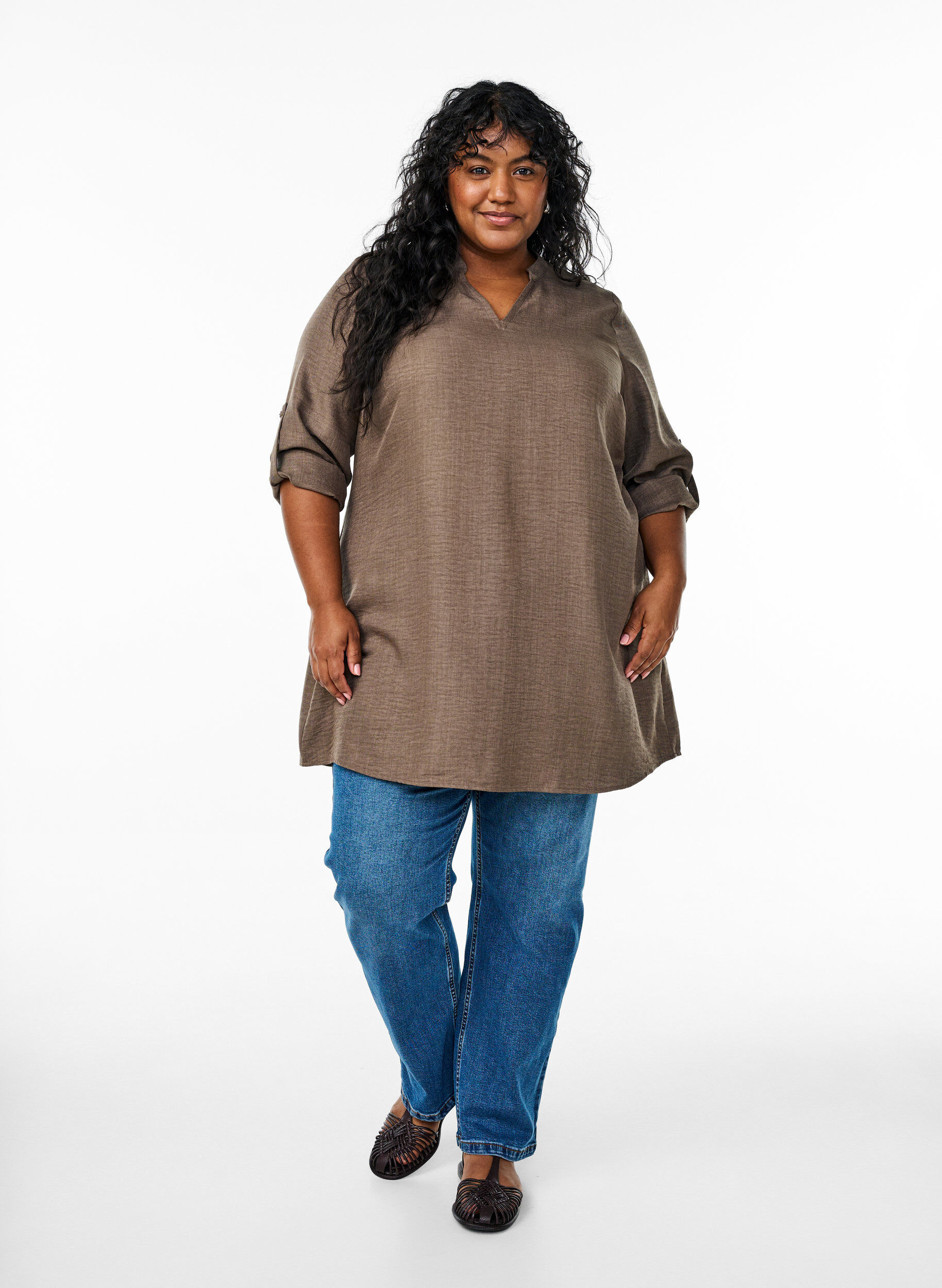 Zizzi Tuniek met ronde hals, Bruin, Model image number 1