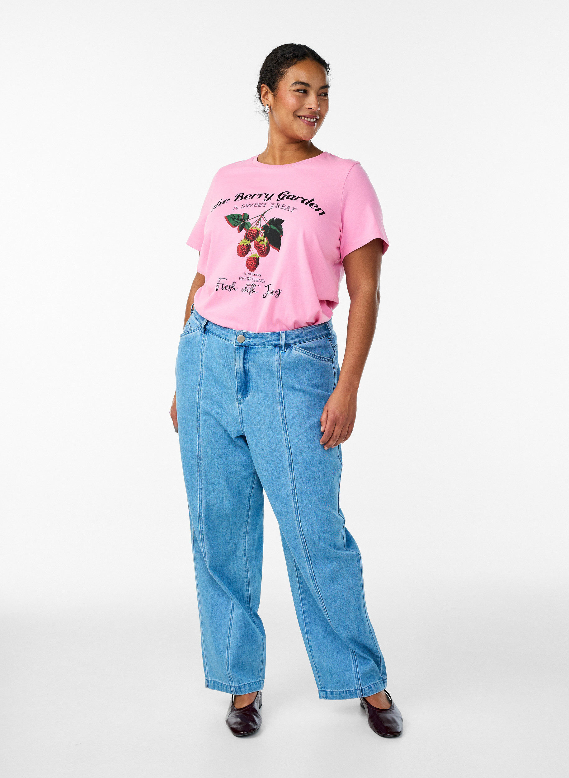 Zizzi Katoenen T-shirt met fruitprint en tekst, Roze, Model image number 1