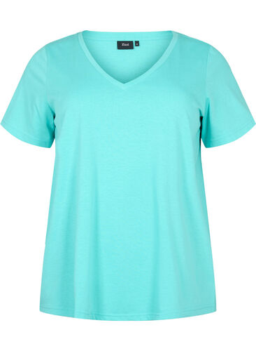 T-shirt met korte mouwen en v-hals, Turquoise, Packshot image number 0