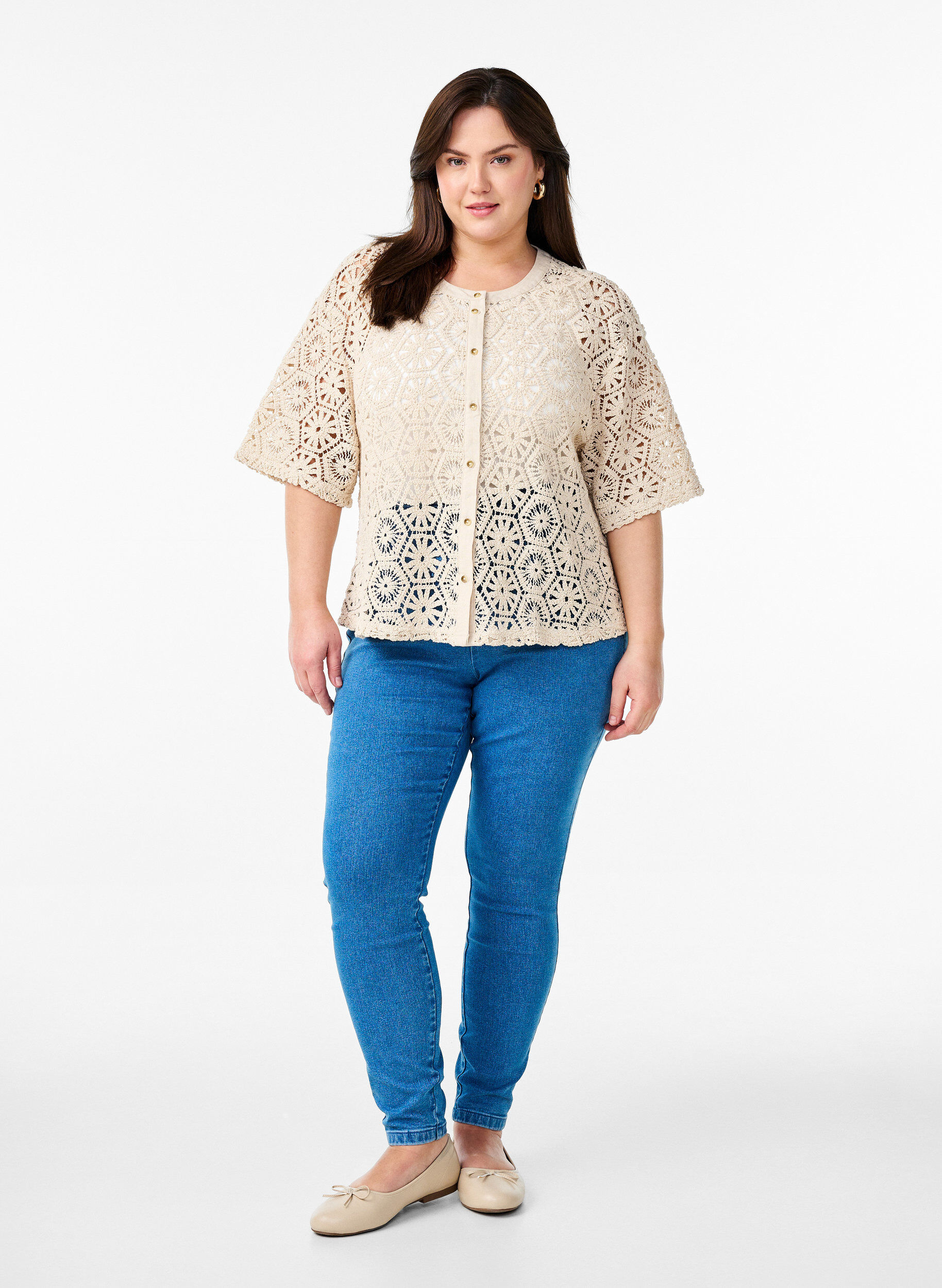 Zizzi Cardigan met korte mouwen en haakwerk, Beige, Model image number 1