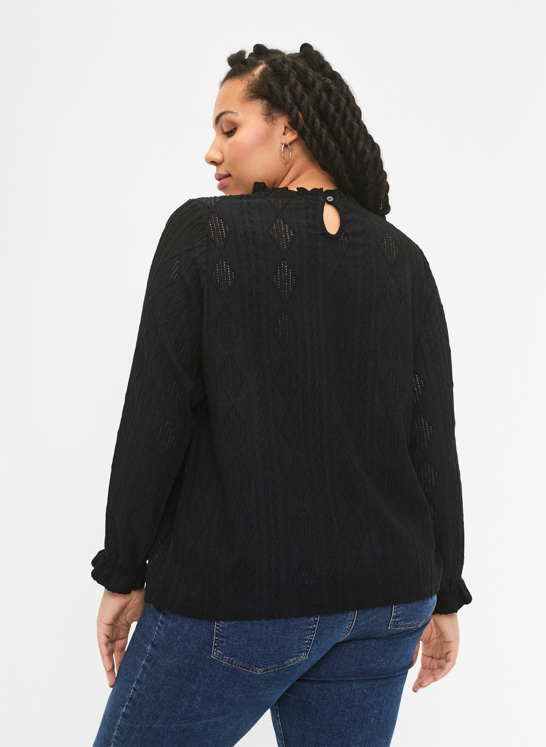 Zizzi Blouse met ruches en ton-sur-ton-patroon, Black, Model image number 1