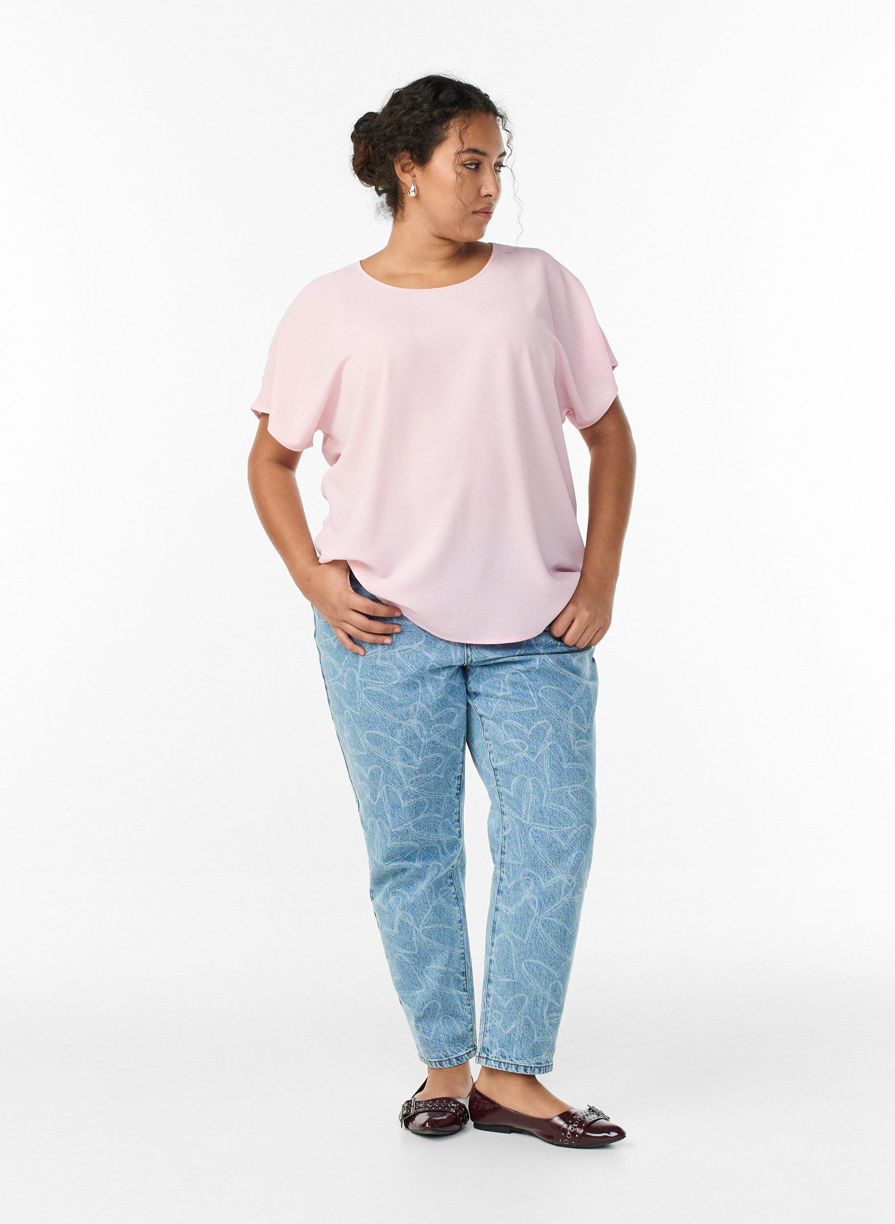 Zizzi Blouse met korte mouwen en een ronde halslijn, Roze, Model image number 1
