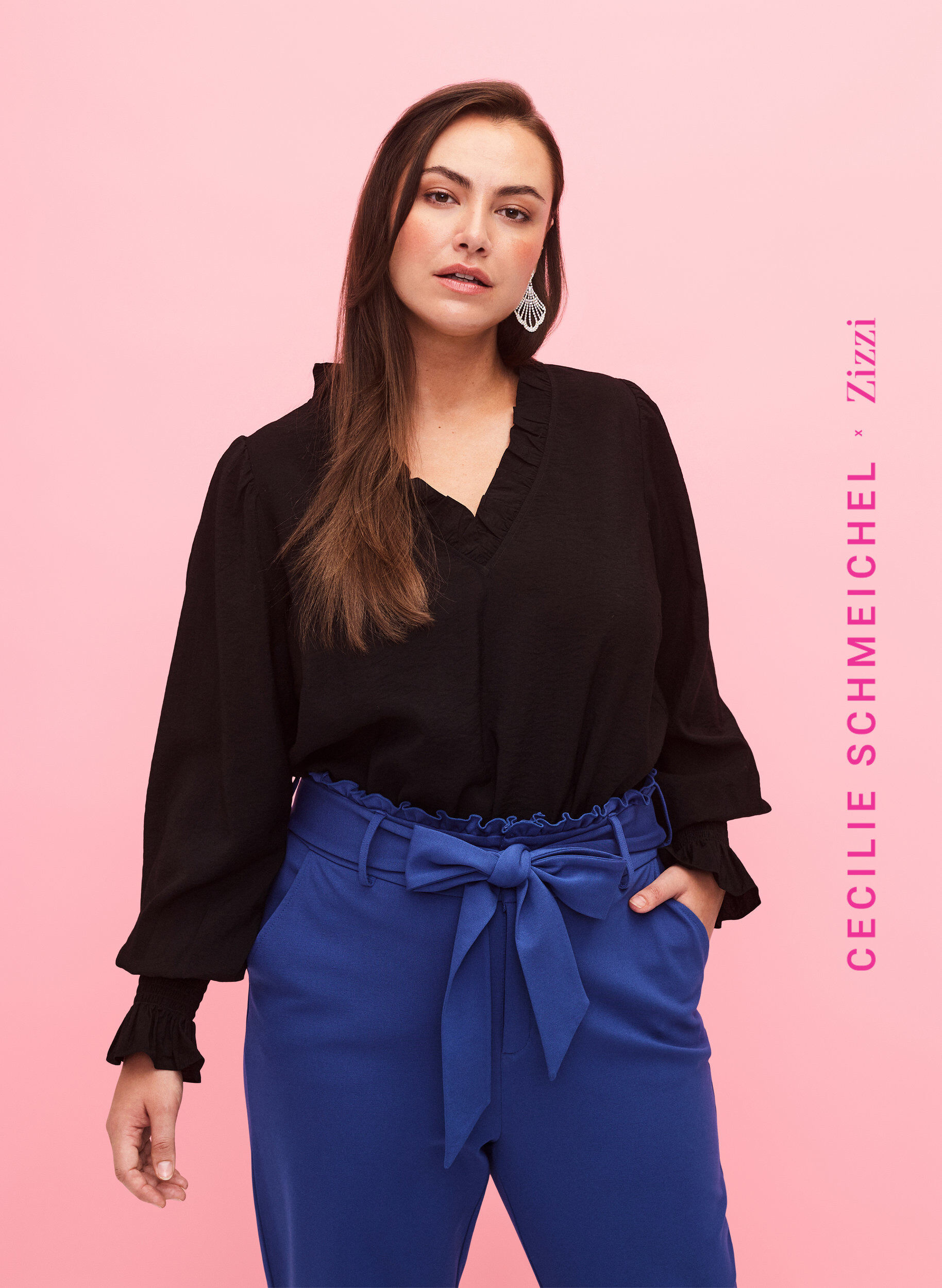 Zizzi Lange-mouwen viscose blouse met ruche details, Black, Model image number 0