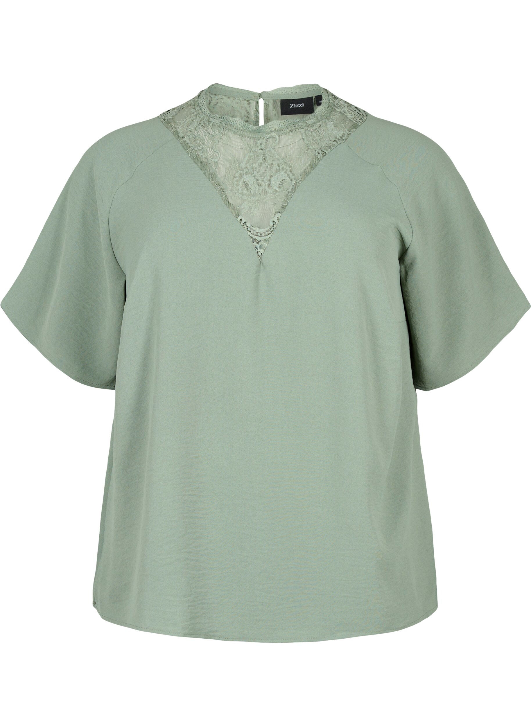 Zizzi Blouse met korte mouwen en kant, Lily Pad, Packshot image number 0