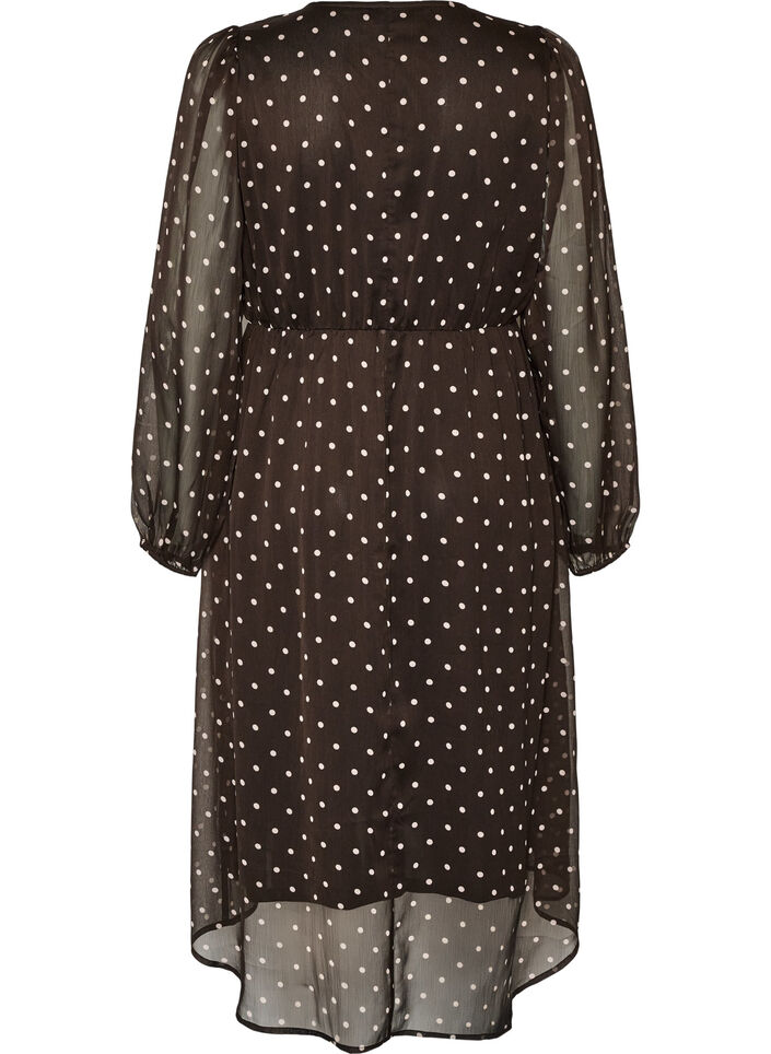 Chiffon jurk met polkadots en lange mouwen, Bruin, Packshot image number 1