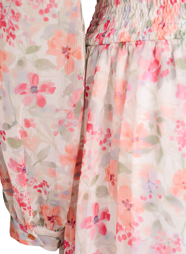 Midi jurk met bloemen, wikkellook en smock, Oranje, Packshot image number 3