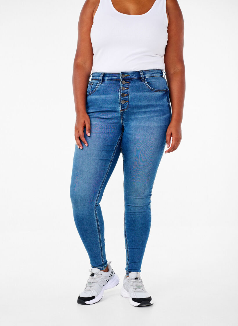 High-waisted Amy jeans met knoopsluiting, Blue Denim, Model image number 2
