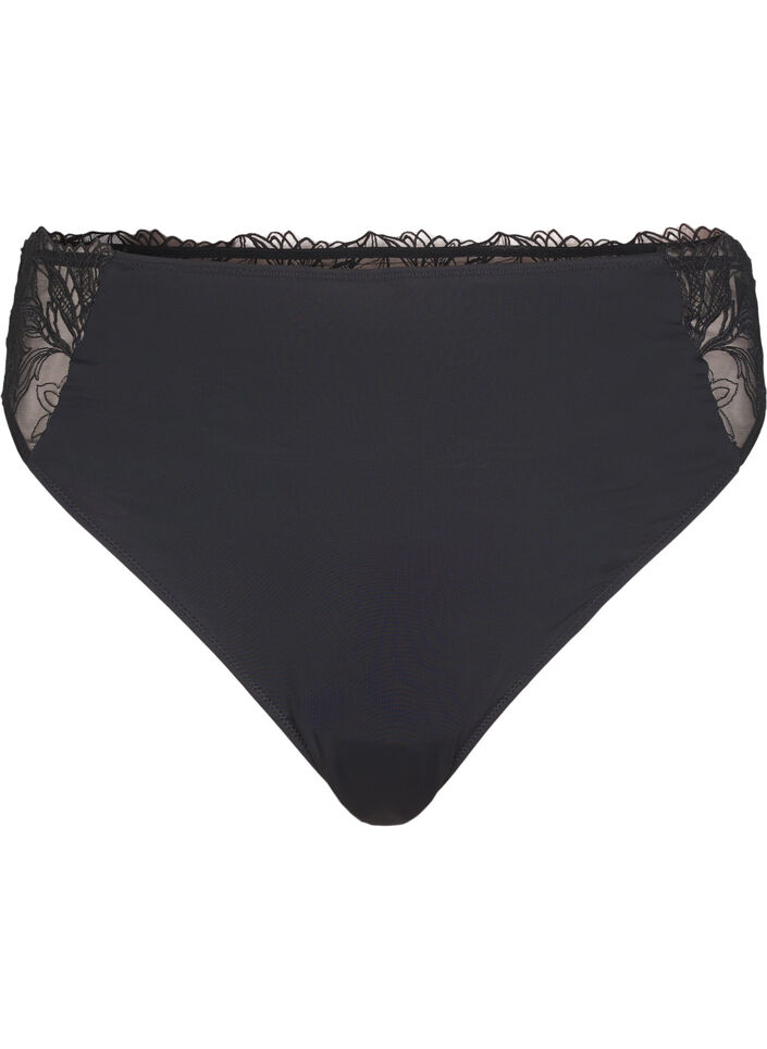 Microvezel string met kanten details, Zwart, Packshot image number 0