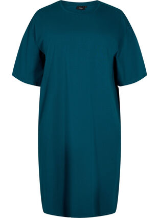 Katoenen jurk met korte mouwen en splitjes, Deep Teal, Packshot image number 0