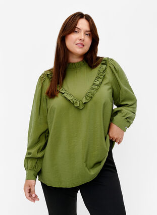 Viscose blouse met franjes., Loden Green, Model image number 0