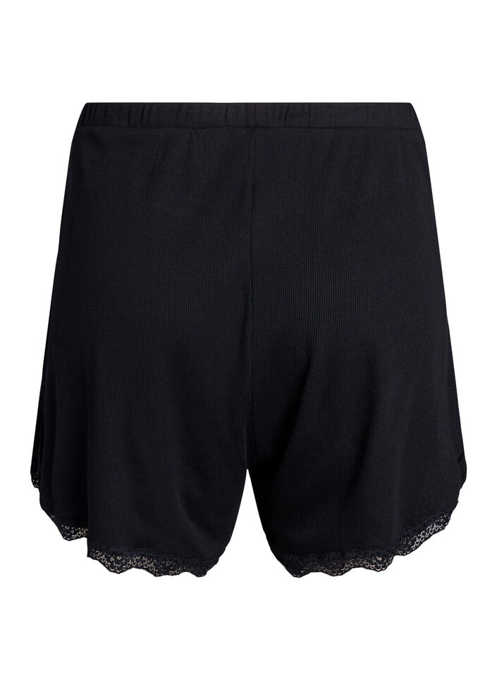 Lichte nachtshorts met ribde structuur en kanten afwerking, Zwart, Packshot image number 1
