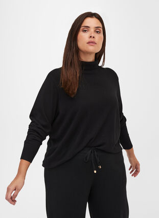 Gebreide blouse van viscose met hoge kraag, Black, Model image number 0