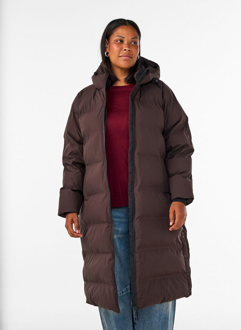 Lange puffer winterjas met capuchon, Bruin, Model image number 0