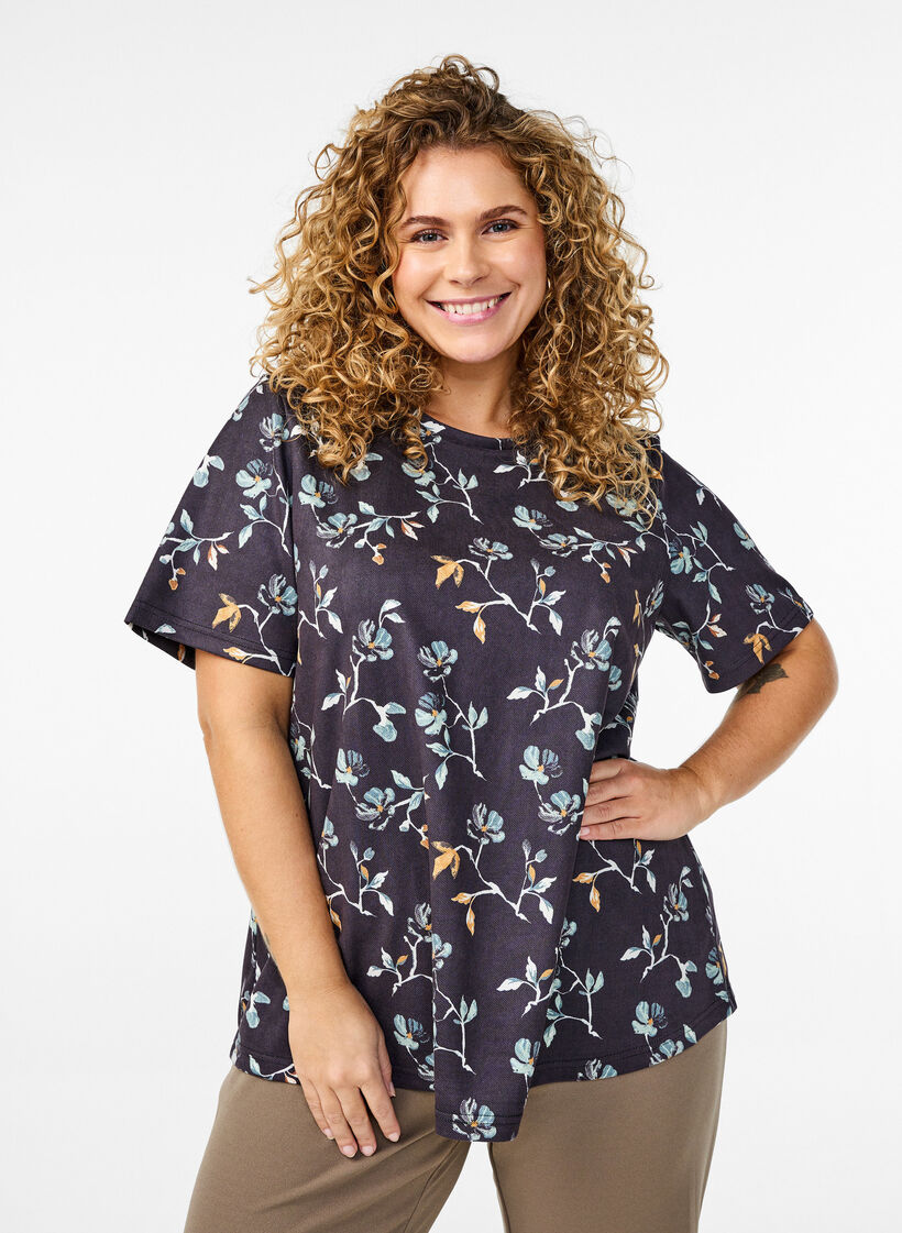 FLASH - T-shirt met bloemenprint, Zwart, Model image number 0