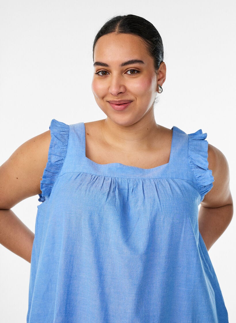 Midi-jurk in katoen met ruches, Blauw, Model image number 2