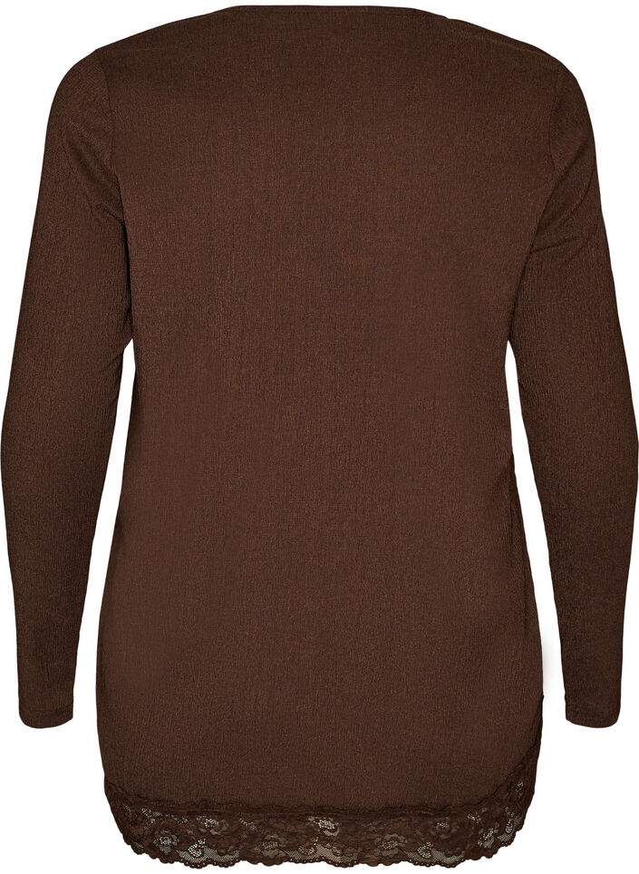 Jersey blouse met asymmetrische kanten rand, Bruin, Packshot image number 1
