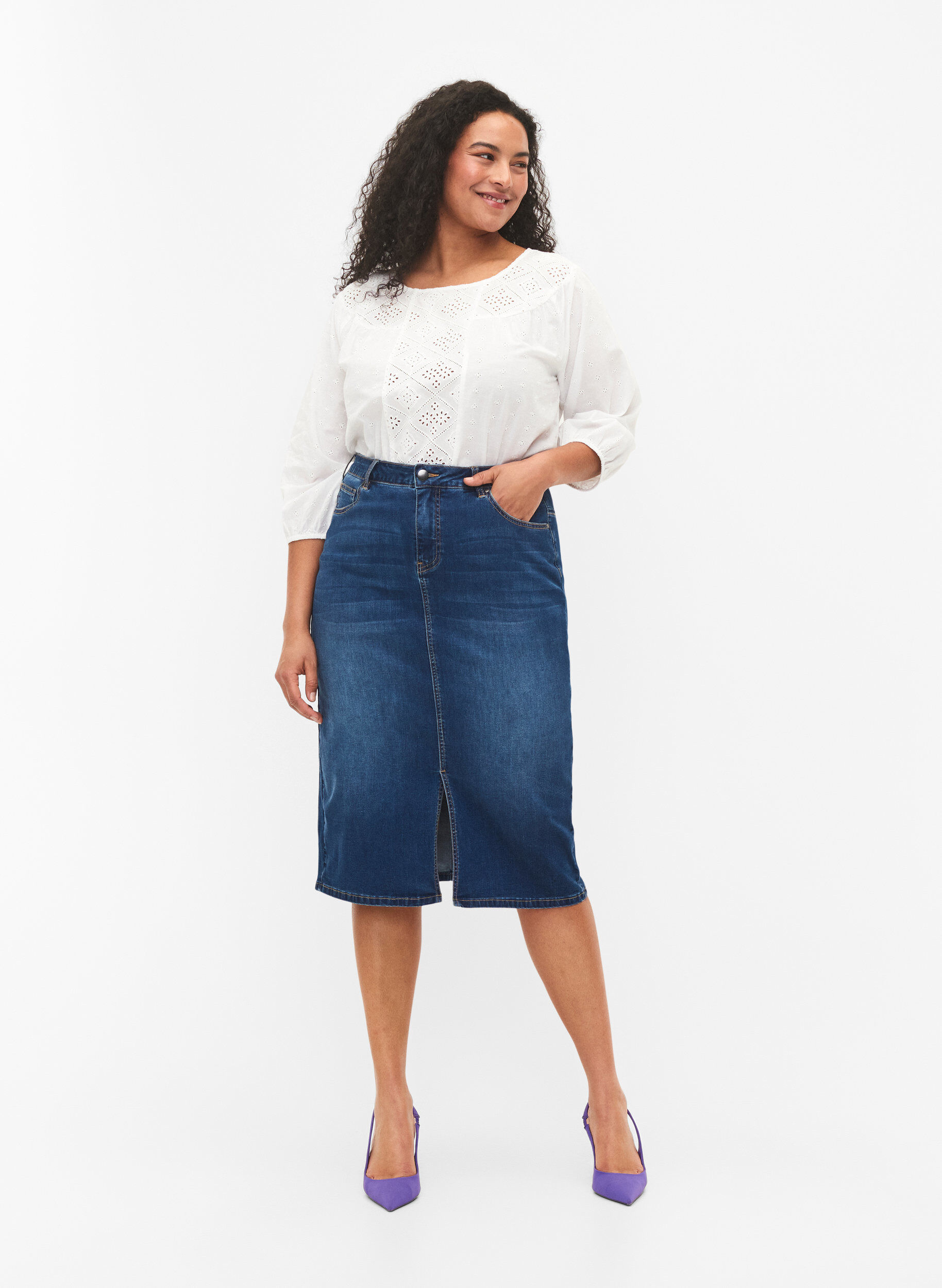 Zizzi Denim midi-rok met split, Blauw, Model image number 0