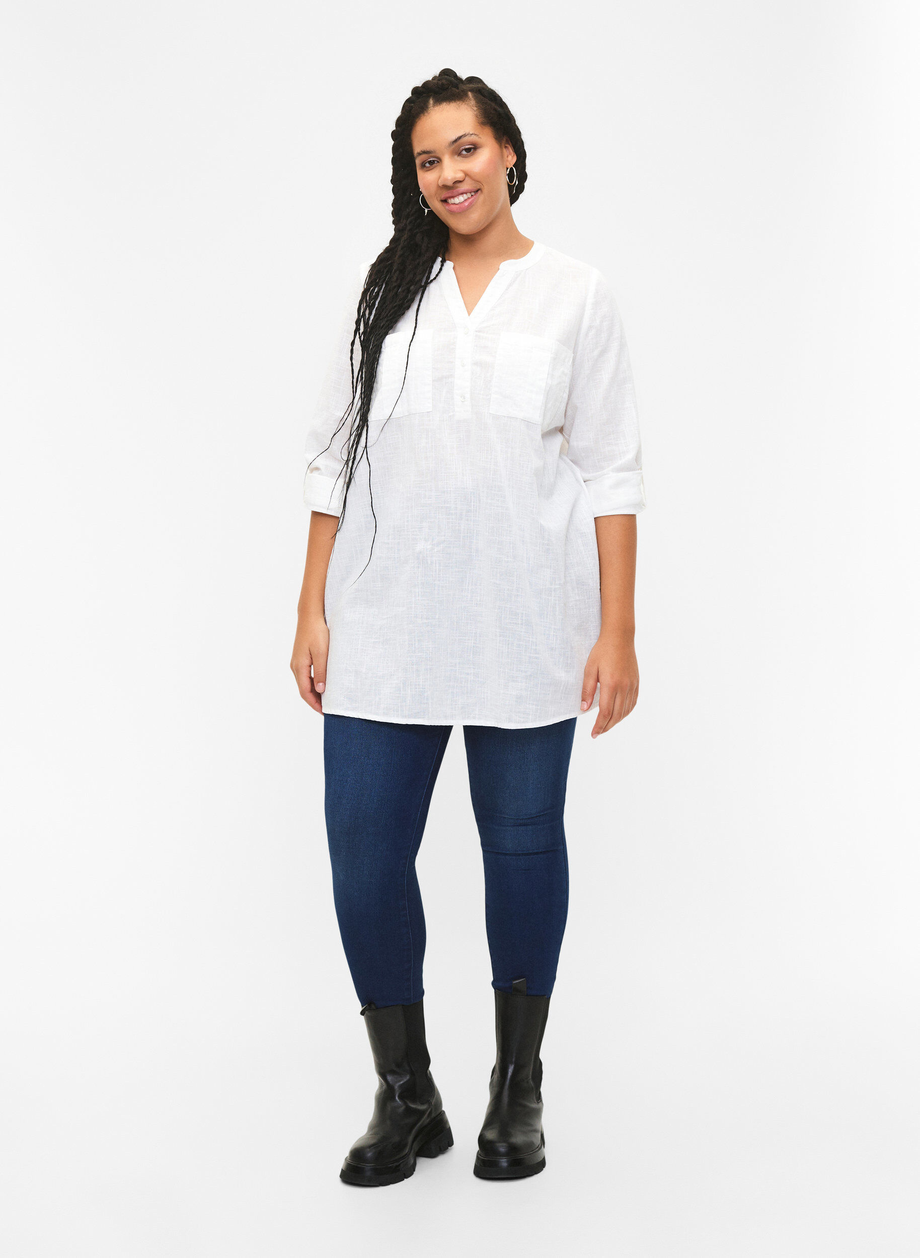 Zizzi Tuniek van katoen met 3/4 mouwen, Bright White, Model image number 2