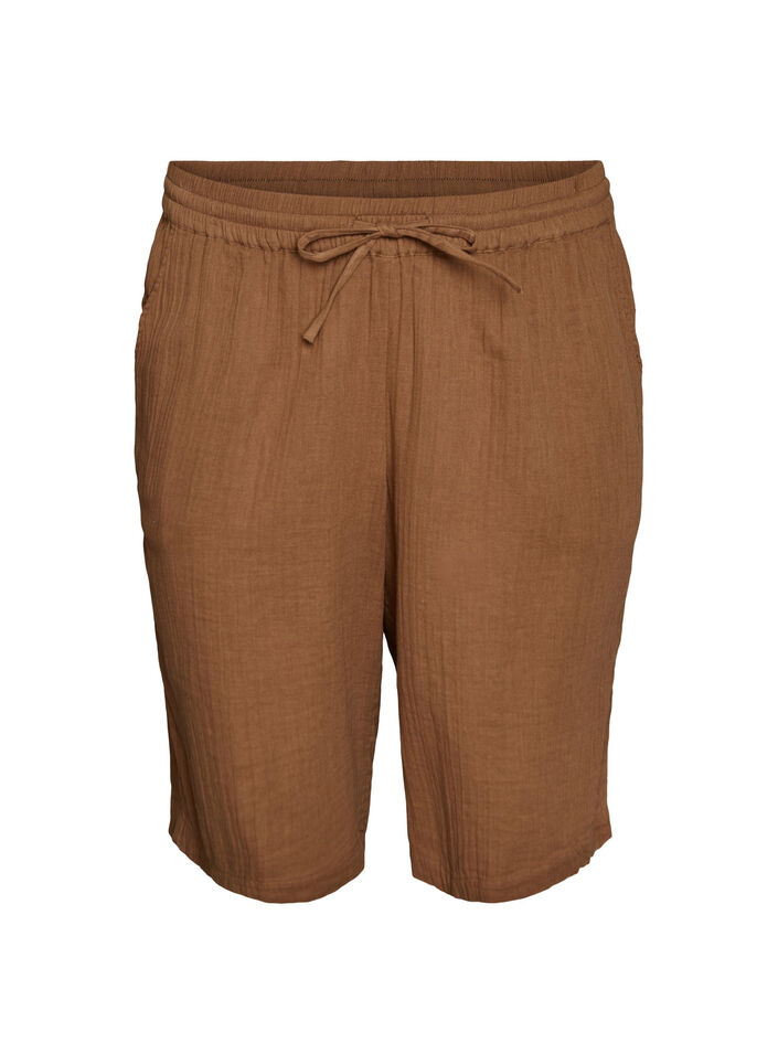 Los katoenen mousseline shorts met een hoge taille, Bruin, Packshot image number 0