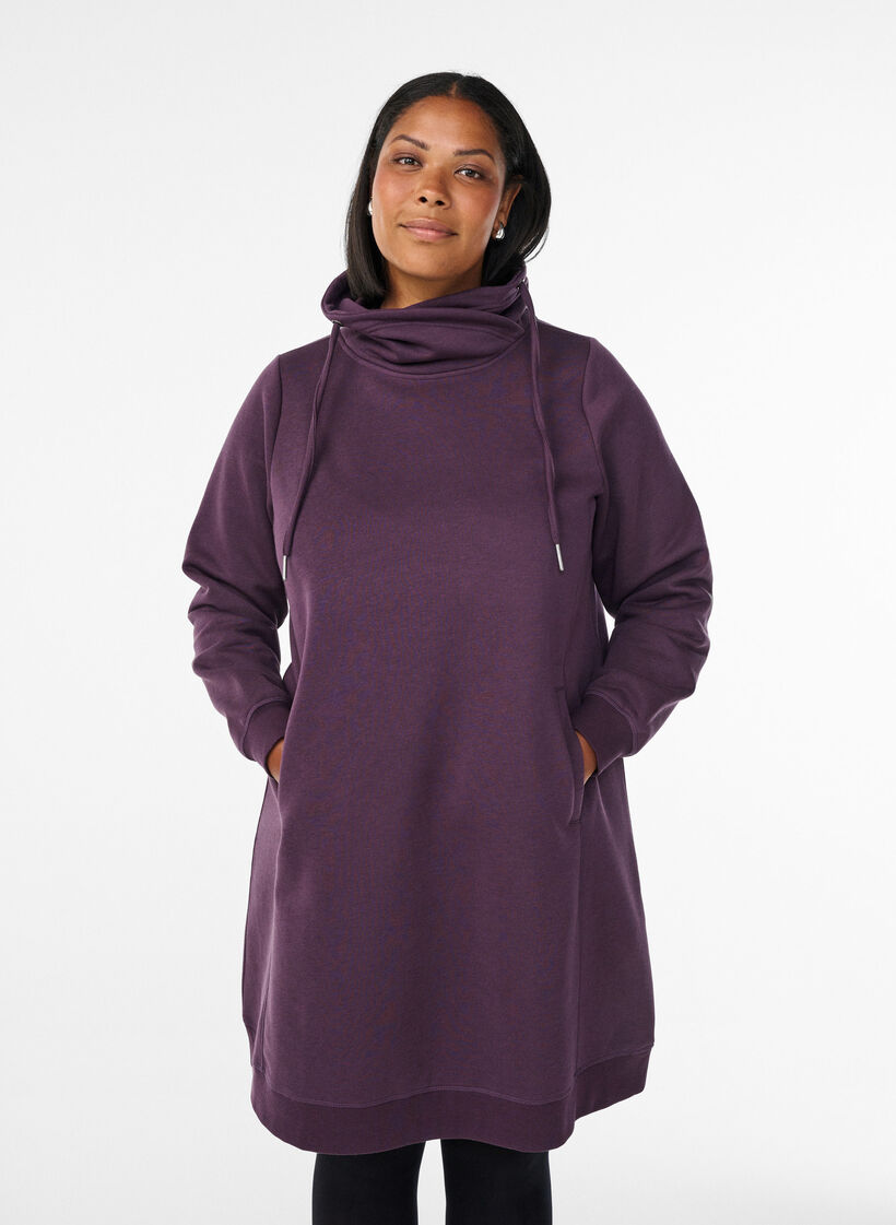 Kort sweatshirt jurk met hoge kraag en zakken, Paars, Model image number 0