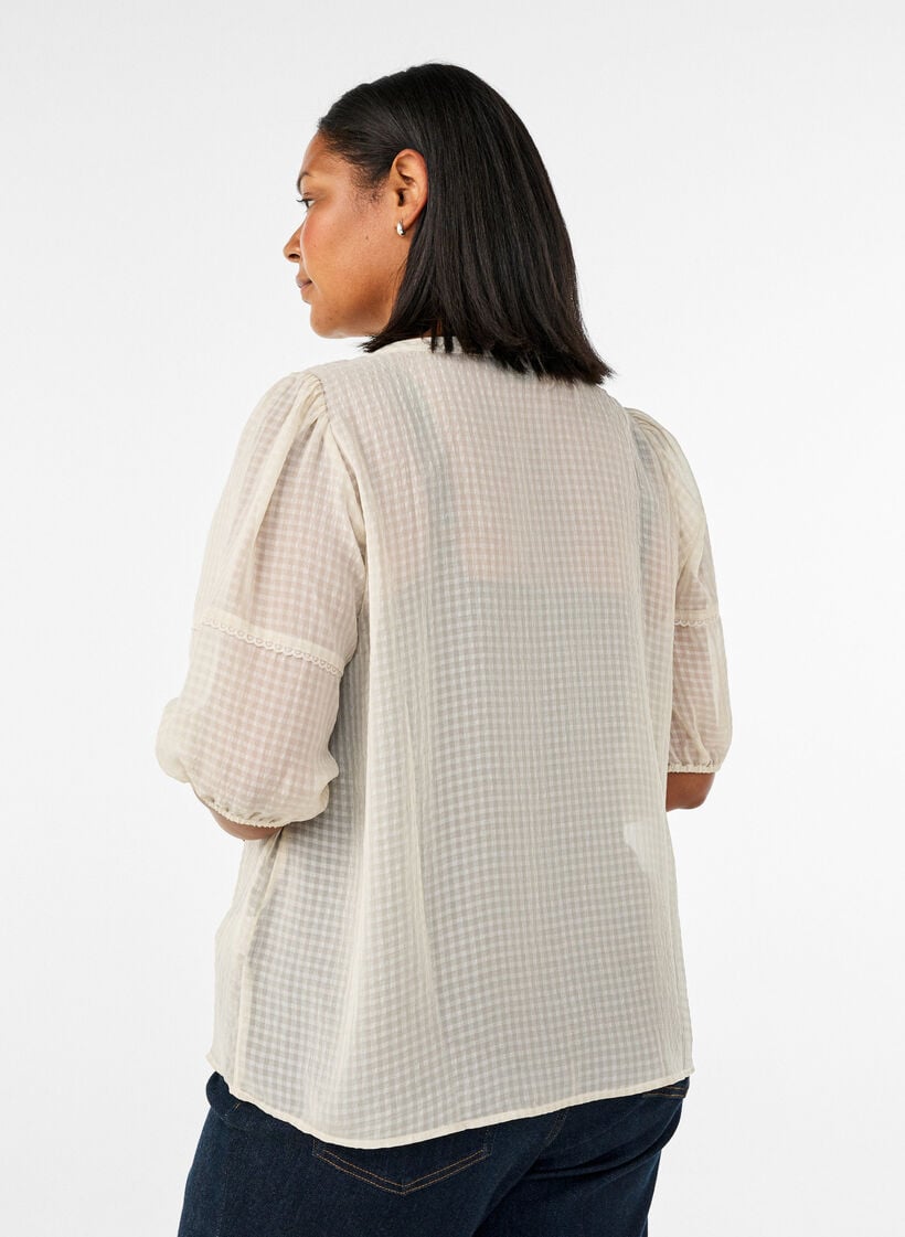 Blouse in seersucker met strikkoord, Beige, Model image number 2