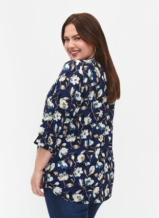 Gebloemde blouse met 3/4 mouwen, P. Blue Flower AOP, Model image number 1