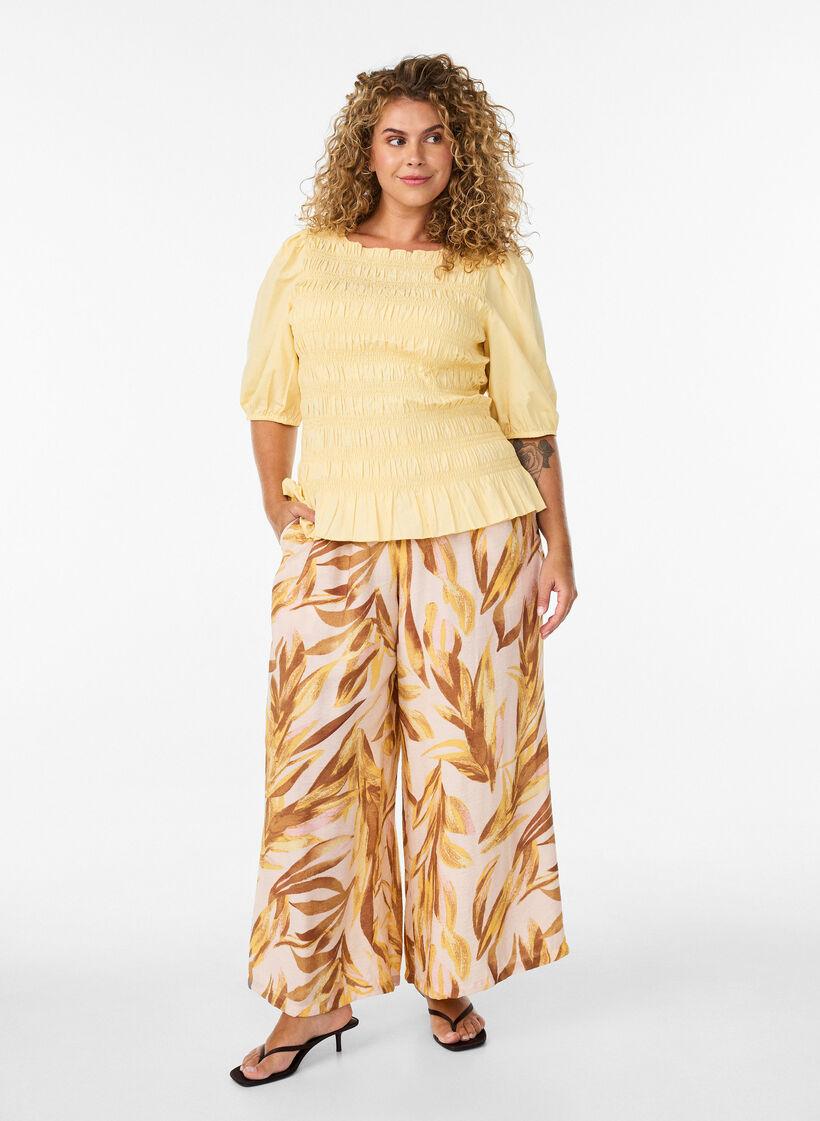 Wijde broek met bladprint en hoge elastische taille, Geel, Model image number 0
