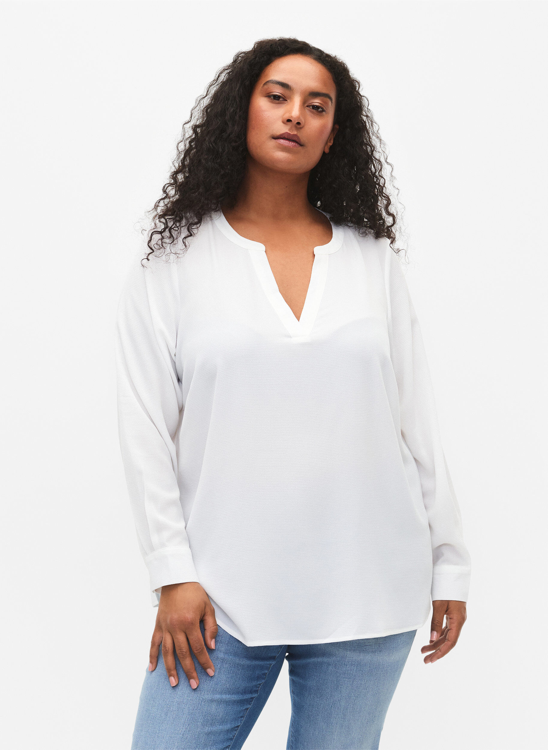 Zizzi Blouse met lange mouwen en kanten detail , Bright White, Model image number 0