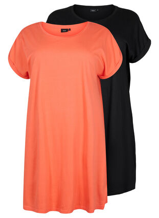 2-pack katoenen jurk met korte mouwen, Living Coral / Black, Packshot image number 0