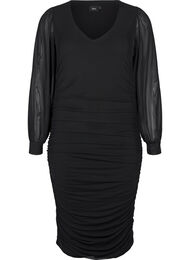 Midi mesh jurk met draperieën, Black