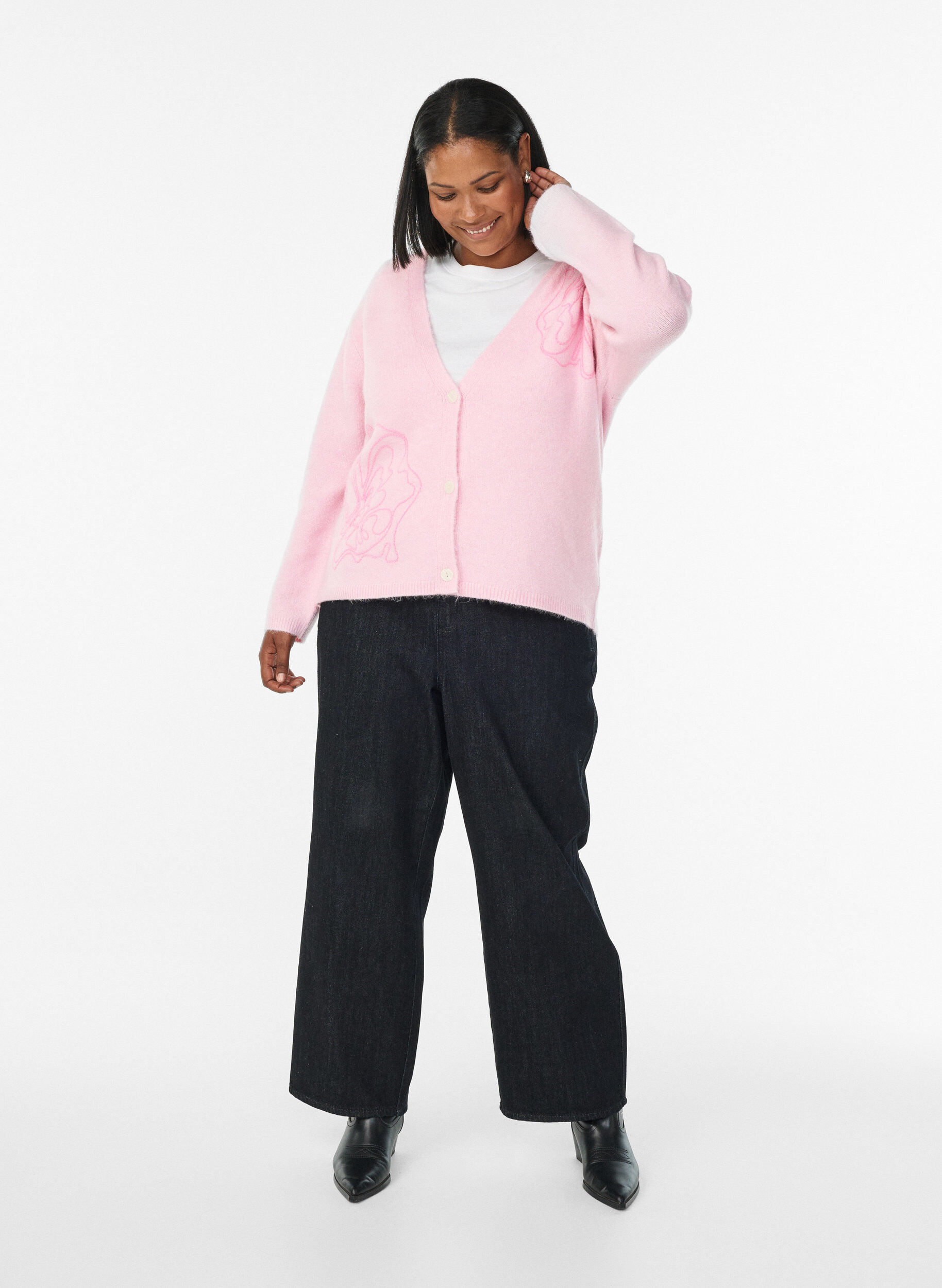 Zizzi Cardigan met V-hals en geborduurde bloemen, Roze, Model image number 1