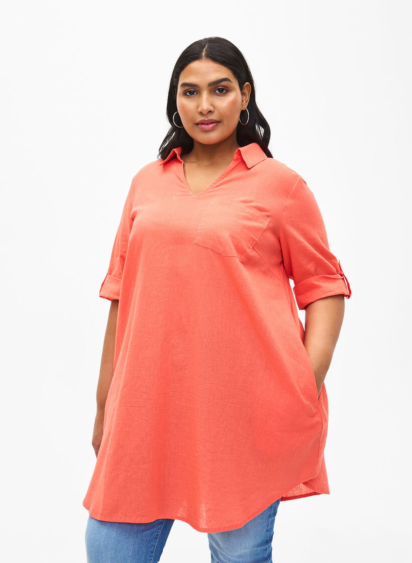 Tuniek van katoenmix met korte mouwen en linnen, Living Coral, Model image number 0