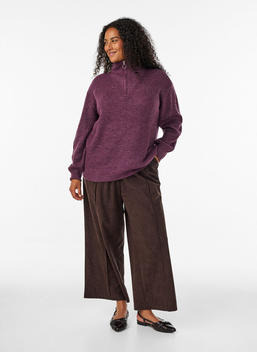 Gebreide trui met hoge hals en rits, Paars, Model image number 1