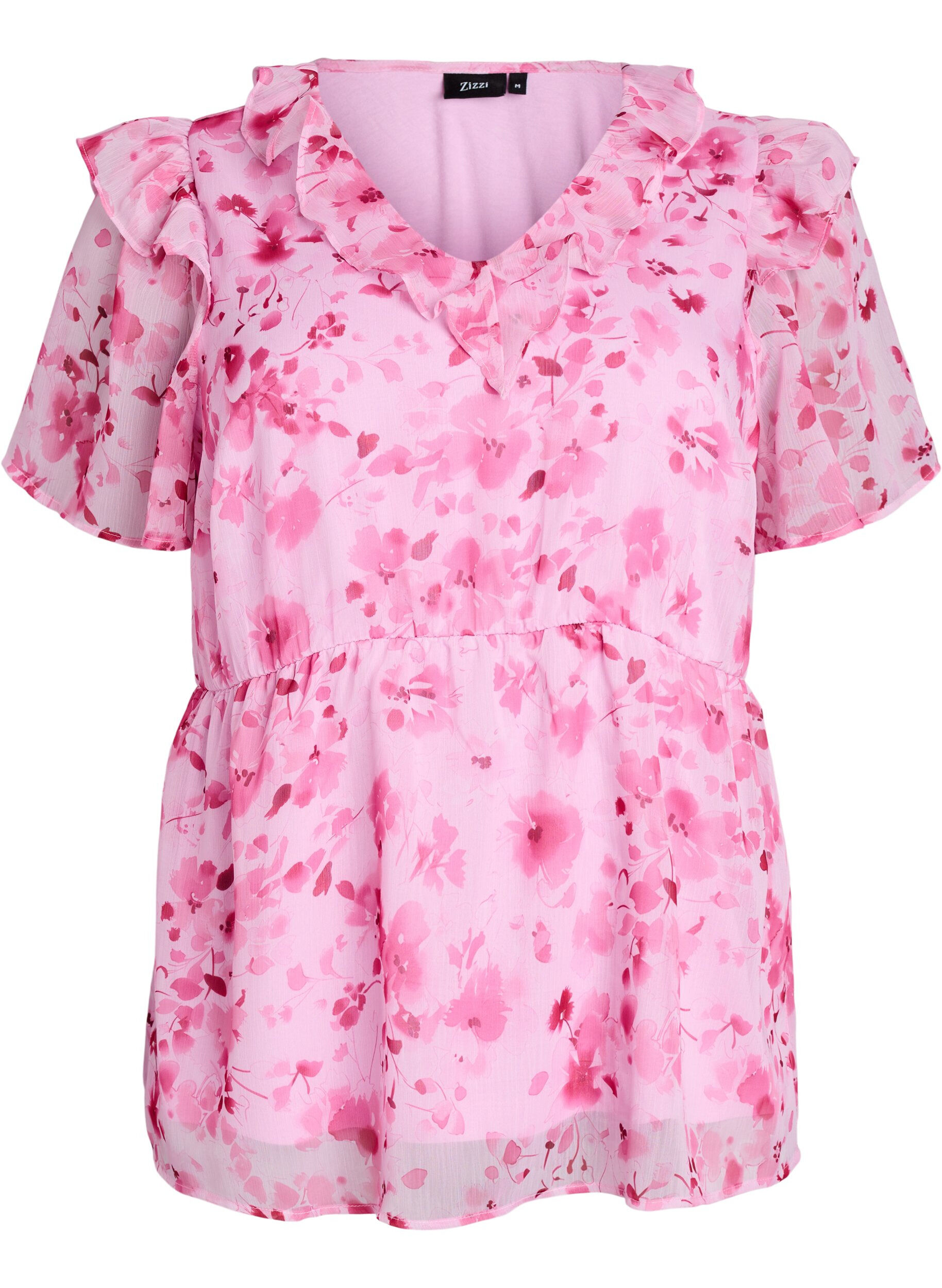 Zizzi Bloemenblouse met rucheskraag en peplum effect, Roze, Packshot image number 0