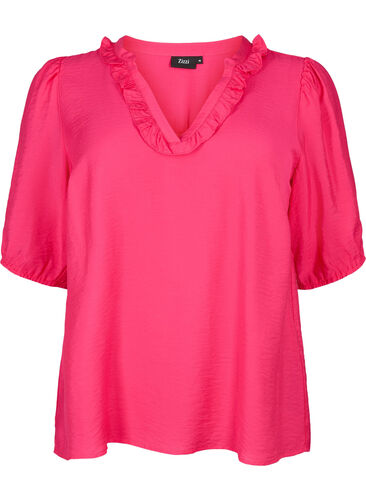 Viscose blouse met pofmouwen en ruches, Bright Rose, Packshot image number 0
