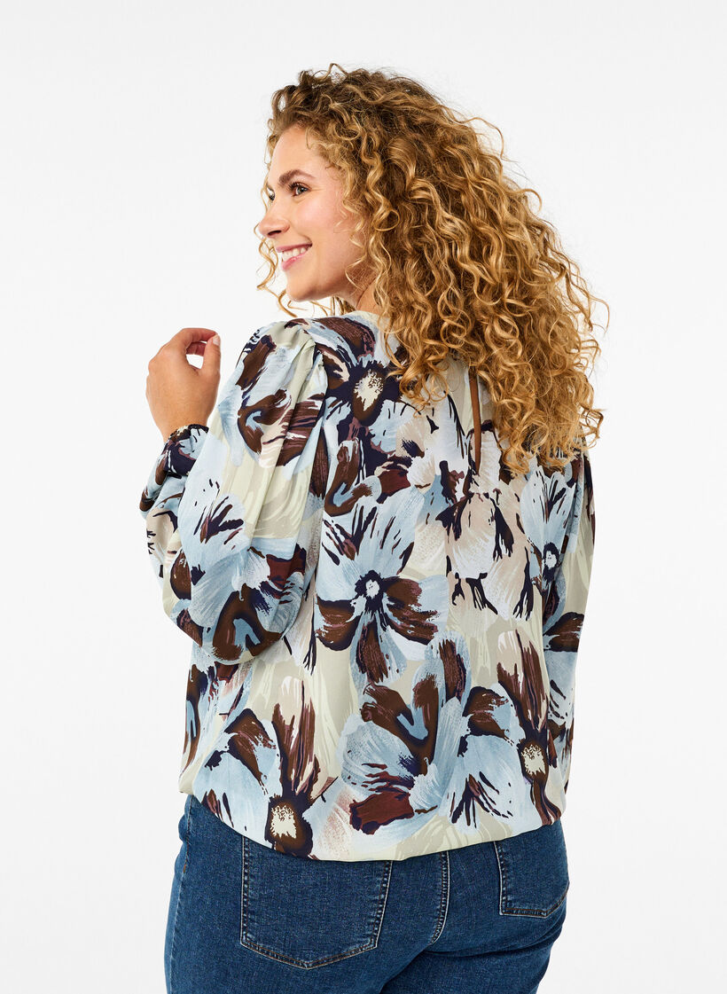 Blouse met lange mouwen, print en knoop, Grey Flower AOP, Model image number 1