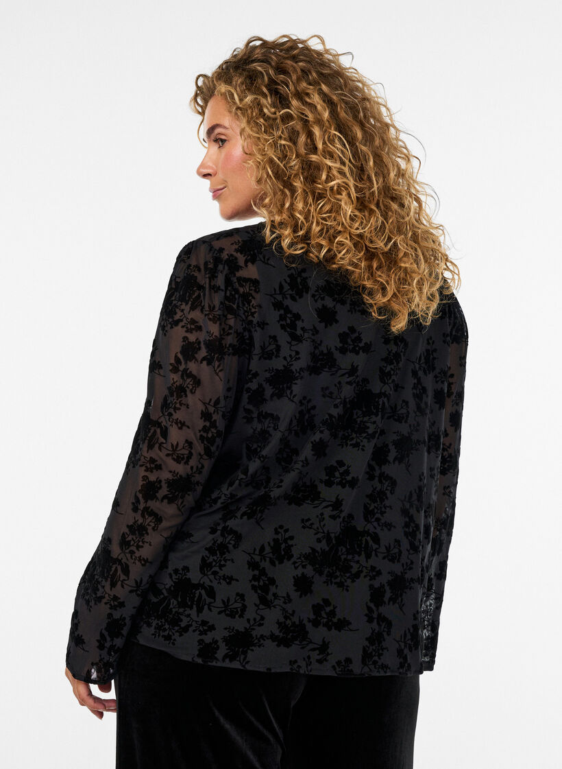 Mesh blouse met bloemenpatroon en open voorkant, Zwart, Model image number 2