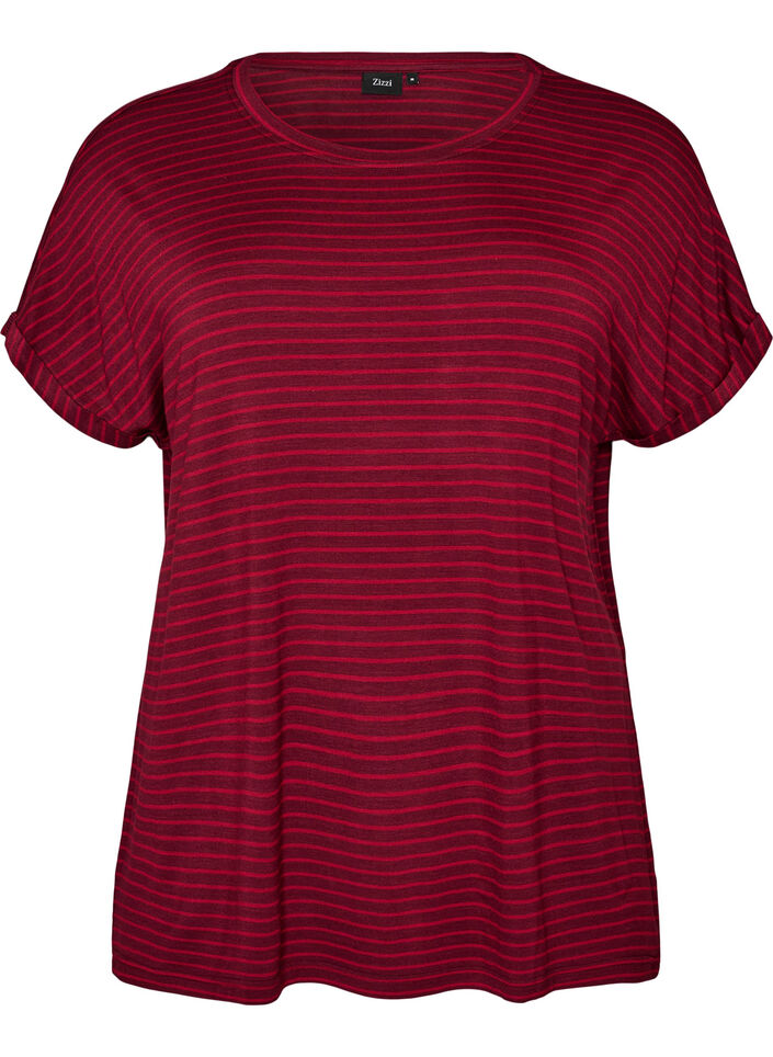 Gestreept T-shirt in viscose met een ronde hals, Rood, Packshot image number 0