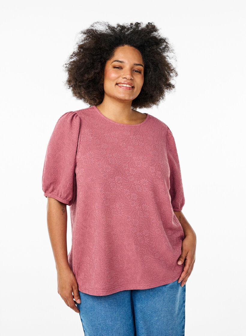 Gestructureerde blouse met korte mouwen, Rood, Model image number 0