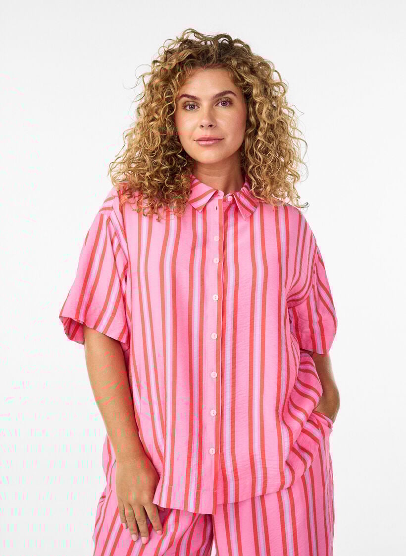 Gestreepte viscose shirt met korte mouwen, Roze, Model image number 0