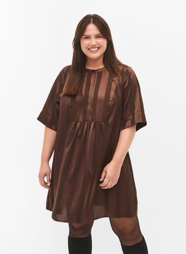 A-lijn jurk met strepen en 1/2-mouwen, Chestnut, Model image number 0