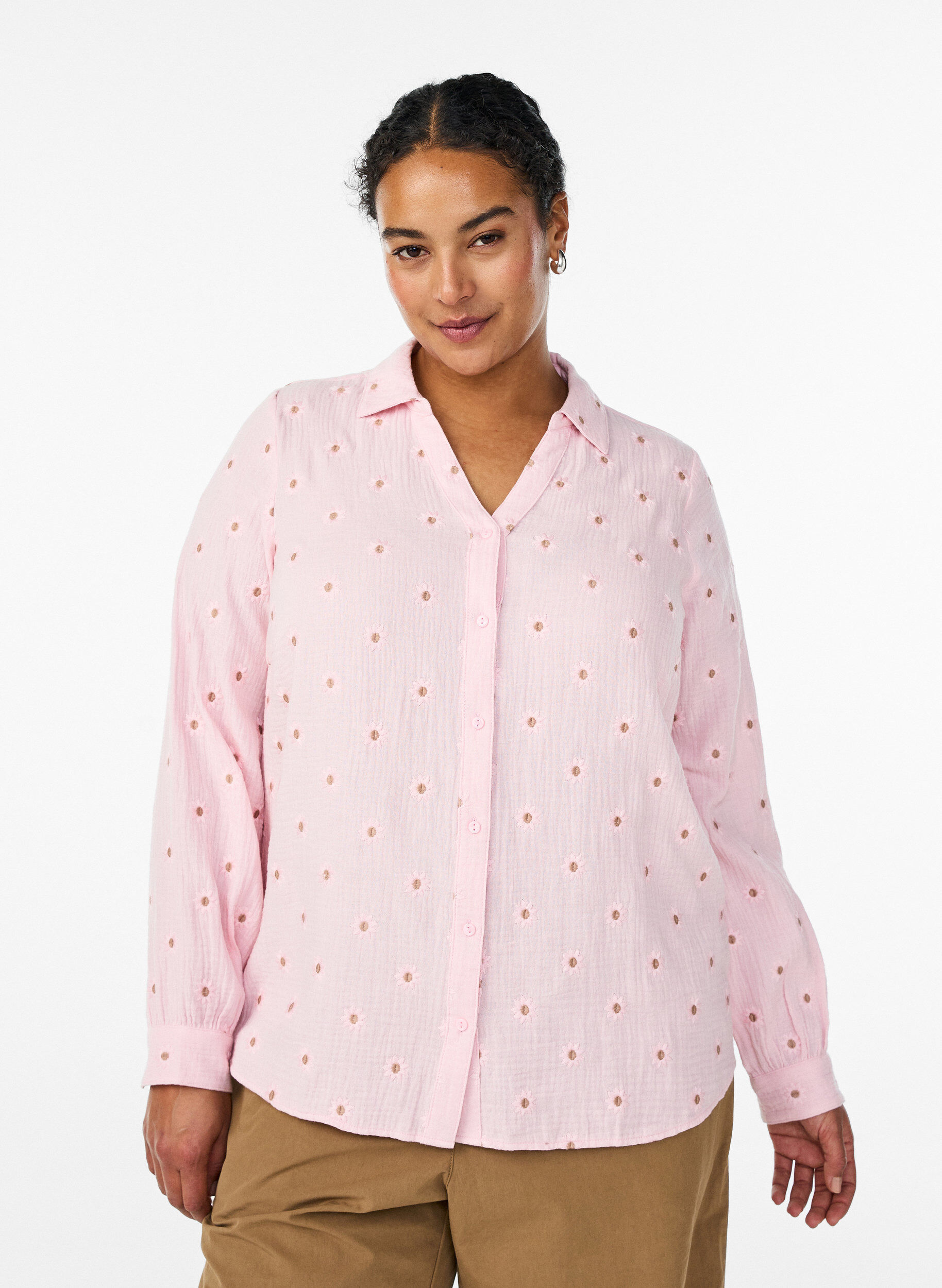 Zizzi Blouse van katoen mousseline met lange mouwen en geborduurde motieven, Roze, Model image number 0