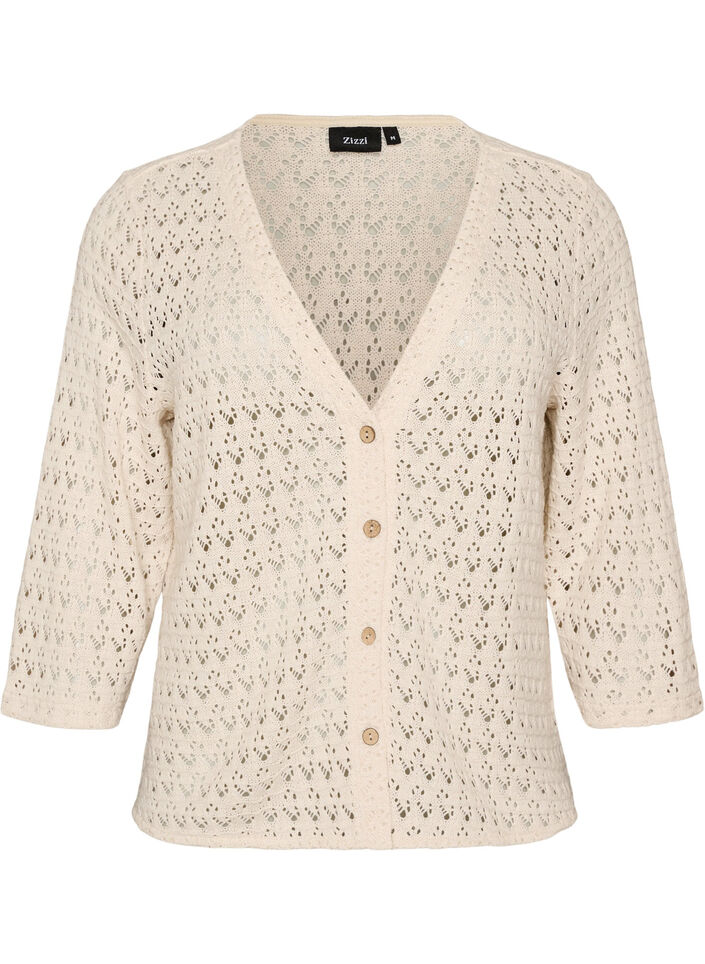 Gebreid vest met open broderie en V-hals, Beige, Packshot image number 0